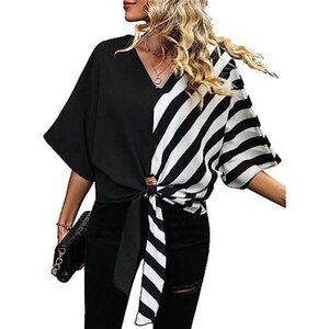 Print Color Block Tie Front V- Neck To